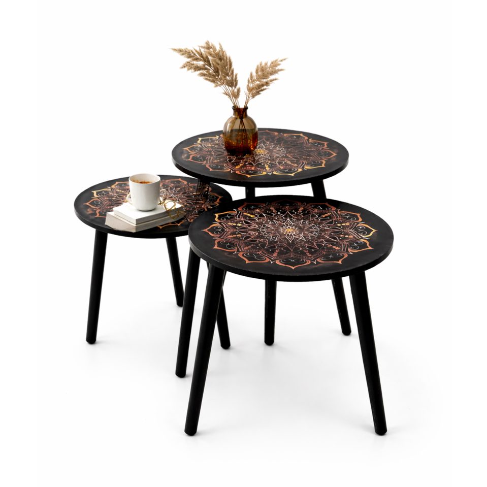 طقم طاولات سوداء مزخرفة 3 قطع موديل  X-2507